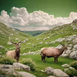 two animals stand in a field with rocks
