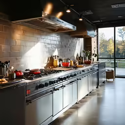 a kitchen with metallic counter tops and appliances