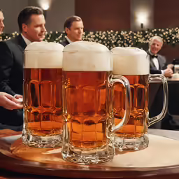 a large group of people sitting at a table with mugs