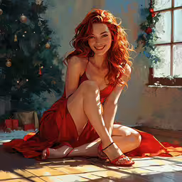 an image of a young woman in a dress next to a christmas tree,a painting of a woman sitting on a floor
