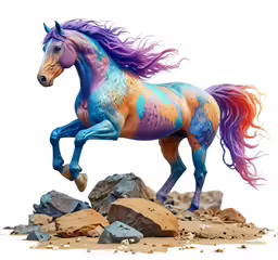 a horse that is walking across some rocks