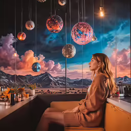 woman sitting on bench in bar looking at the sunset