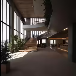 large stairway in large open space that has windows