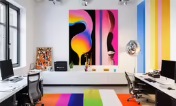 this is an office with multicolored carpets on the floor