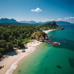 an aerial view of the shore with many trees and water