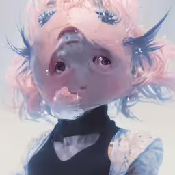 this is a little girl with pink hair with very big eyes