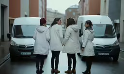 three women stand near a van in the street