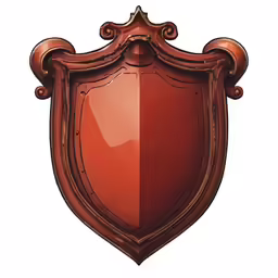 an old fashioned red shield with scroll on a white background
