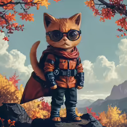 a cat dressed as a superhero with an orange outfit and black sunglasses