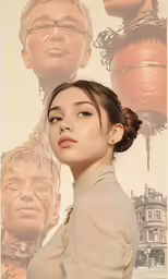 a poster with many faces, one is a woman