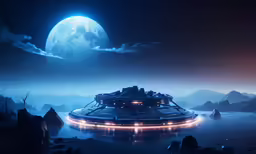 a futuristic floating city near the shore at night