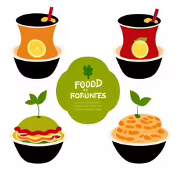 food with different shapes and colors on a white background,food and drinks with the words food and rouines in each cup,the four different foods are shown together,a table with a plate of food next to cups,food set with oranges, soups, and sandwiches on them