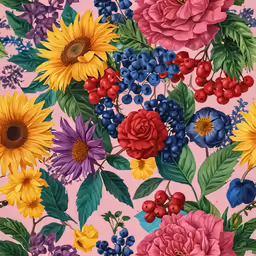 an image of flowers and berries on a pink background