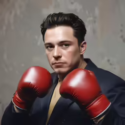 a man in a suit and red boxing gloves