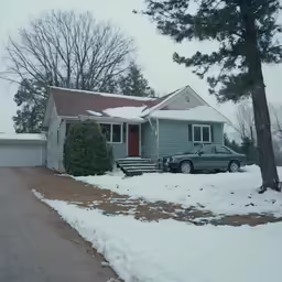 two vehicles parked outside a house in the snow