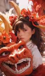 a girl wearing a dragon mask with orange flowers in her hair