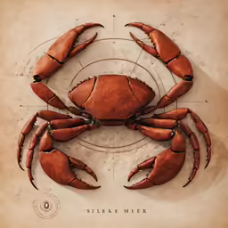 a red crab sitting on top of a piece of paper