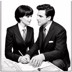 a black and white photo of a couple sitting at a desk
