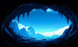 a dark cave with some mountains in the background