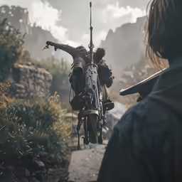 an old man looks at another man with a machine gun