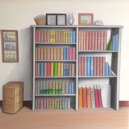 a drawing of a book shelf with a pile of books and a pile of books behind it