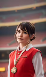 a woman stands in front of an empty stadium