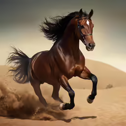 a brown horse galloping in the middle of the desert