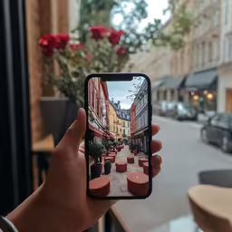 a person holding an iphone with pictures on it