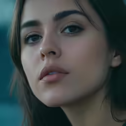 a woman with dark hair and a blue eyeliner
