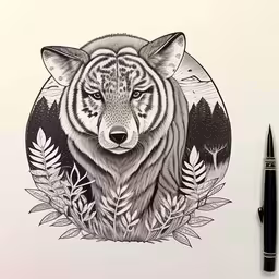 a drawing of a tiger on the wall,an ink drawing with a wolf inside of it