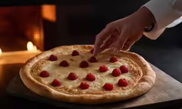 person placing some toppings on a pizza