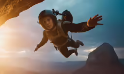 a person in a suit and helmet with an open mouth in the air