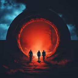 two people are standing at the end of a tunnel