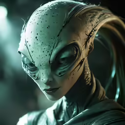 an alien girl is staring at the camera