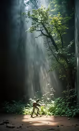 two kids playing soccer in the middle of the woods