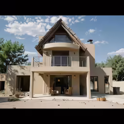 a modern house with thatched roof and tall windows