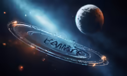 an alien looking ring that reads nasa is surrounded by a distant orange dwarf like object
