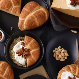 various pastries, and nuts sit on a table