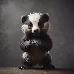 a little black and white panda bear standing in front of a dark backdrop