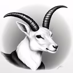 an ink drawing of a goat with black and white horns