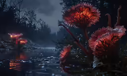 flowers sit in the middle of a lake with a lot of water