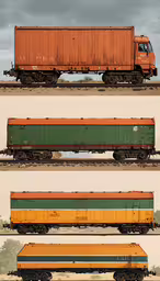 four types of train cars with some white and orange,four train car side by side in three different photos