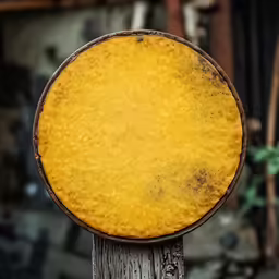 a round rusted plate stands on a wooden post