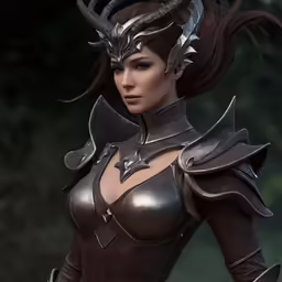 a female character in armor and horns