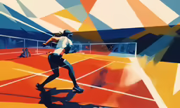 a painting of a man playing tennis in an open court