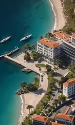 an aerial view of a hotel and boat dock