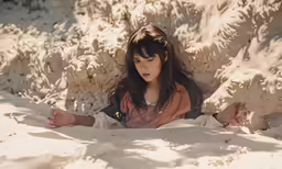 a young girl lying on top of a rocky hillside