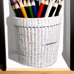 many colored pencils inside a basket sitting on a shelf