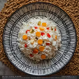 a bowl full of cereal and white yogurt is shown