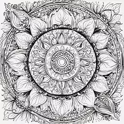 a drawing of an abstract design made with flowers and leaves,an intricate print design is shown on top of a coloring page